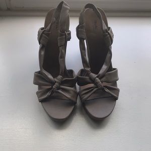 Taupe colored leather wedges